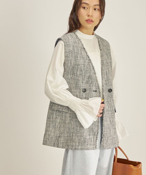 ベスト ファンシー 杢ツイード フリンジ ジレ◆