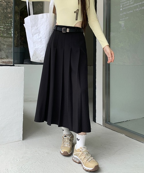 スカート ベルト付き プリーツデザインロングスカート