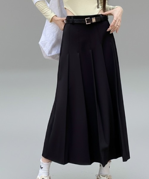 スカート ベルト付き プリーツデザインロングスカート : ZOZOTOWN