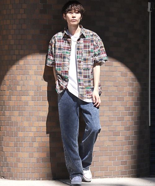 LUXSTYLE シャツ パッチワークチェック柄半袖シャツ メンズ
