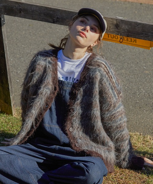 カーディガン マルチボーダー オーバーサイズ シャギーニット