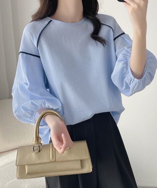 ABITOKYO ブラウス シャツ 配色パイピングストライプブラウス