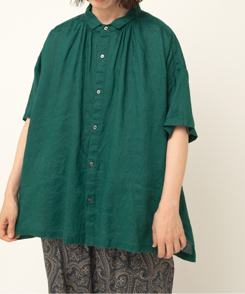 ブラウス シャツ B2909 リネンスモールカラーシャーリングシャツ レディース