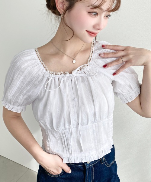 moment+ ブラウス シャツ ウエストシャーリング半袖ビスチェブラウス