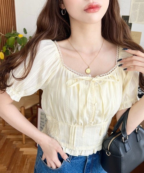 moment+ ブラウス シャツ ウエストシャーリング半袖ビスチェブラウス