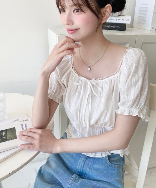 moment+ ブラウス シャツ ウエストシャーリング半袖ビスチェブラウス