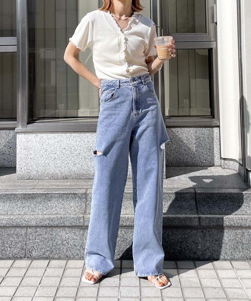 「Chillfar」 ダメージ加工デニムパンツ MEDIUM ホワイト レディース