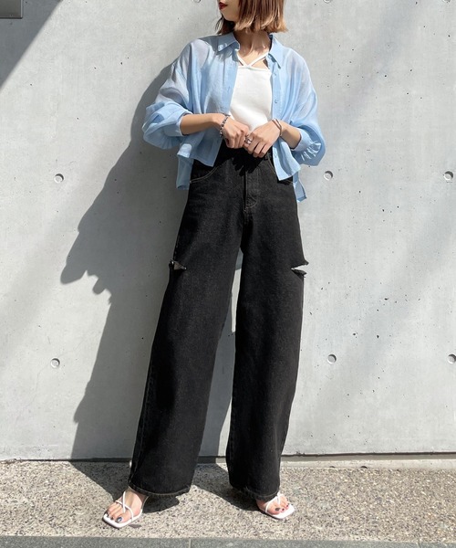 「Chillfar」 ダメージ加工デニムパンツ MEDIUM ホワイト レディース
