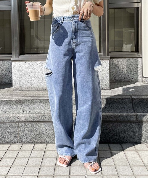 「Chillfar」 ダメージ加工デニムパンツ MEDIUM ホワイト レディース