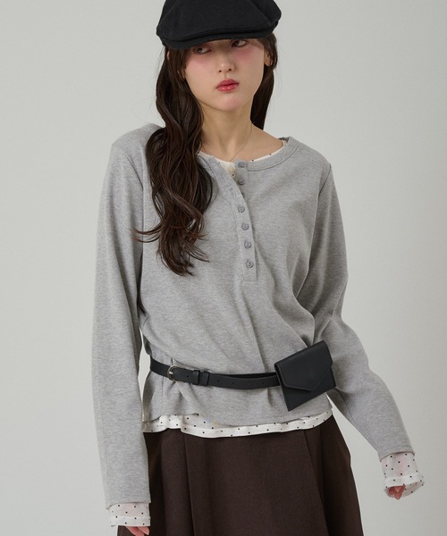 muhet ミュエータ　ヘンリーネックレイヤードロングTシャツ henley neck layered long sleeve t-shirt / ヘンリーネックレイヤード