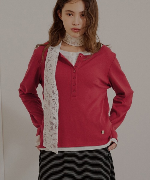 muhet ミュエータ　ヘンリーネックレイヤードロングTシャツ henley neck layered long sleeve t-shirt / ヘンリーネックレイヤード