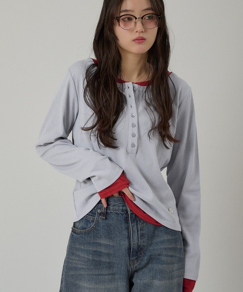 muhet ミュエータ　ヘンリーネックレイヤードロングTシャツ henley neck layered long sleeve t-shirt / ヘンリーネックレイヤード