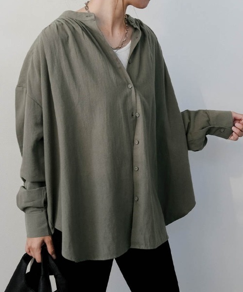 ブラウス シャツ バンドカラーフランネルブラウス レディース