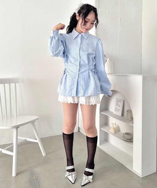 Loueme ブラウス シャツ サイドリボンストライプシャツ レディース