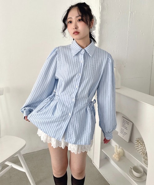 Loueme ブラウス シャツ サイドリボンストライプシャツ レディース