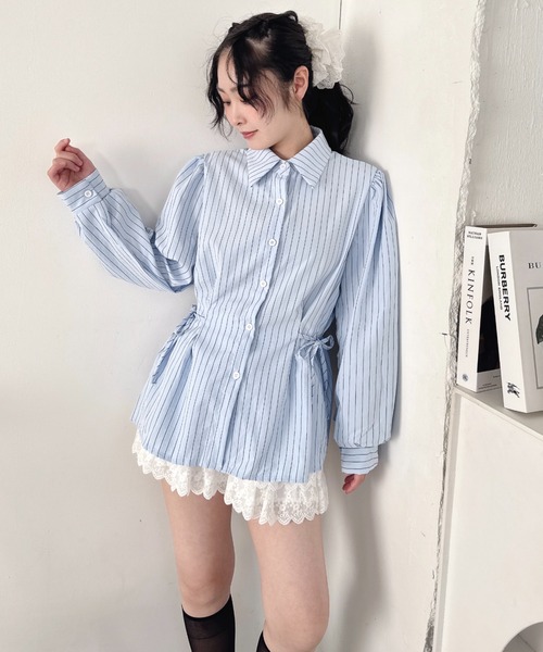 Loueme ブラウス シャツ サイドリボンストライプシャツ レディース