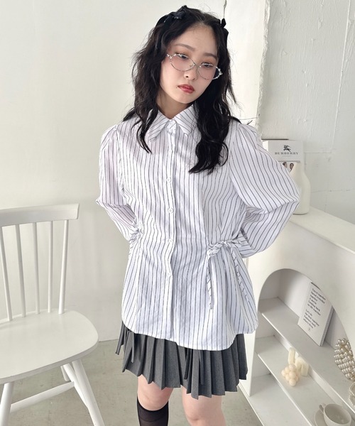 Loueme ブラウス シャツ サイドリボンストライプシャツ レディース