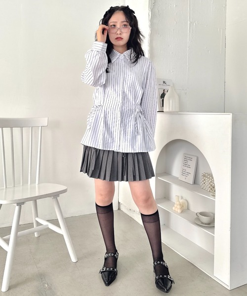 Loueme ブラウス シャツ サイドリボンストライプシャツ レディース