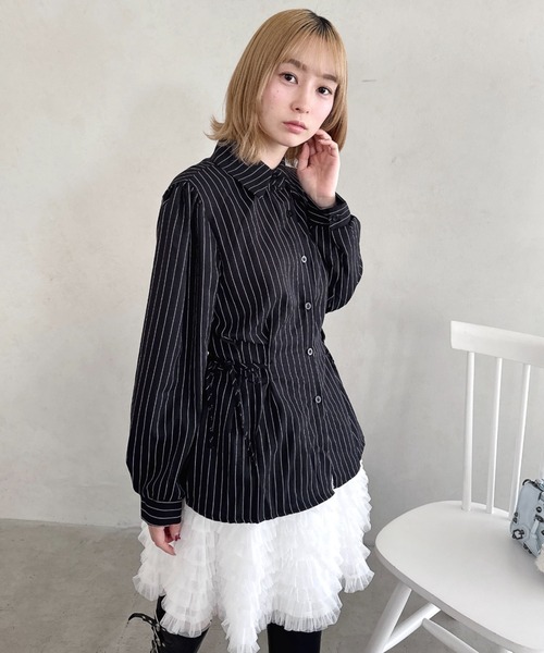 Loueme ブラウス シャツ サイドリボンストライプシャツ レディース