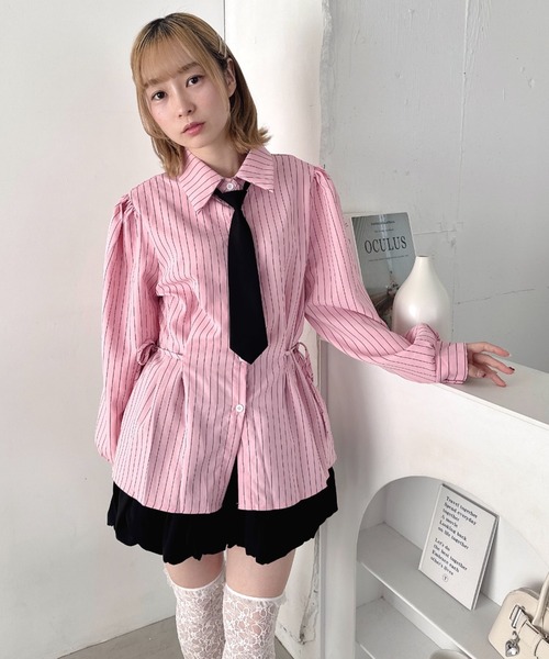 PATOU ピンクストライプ リボン付きシャツ 34 Loueme ブラウス シャツ サイドリボンストライプシャツ レディース