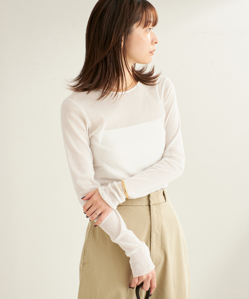 2024AW プラージュ Mesh Sheer ロンT＼ホワイト コットン メッシュシアー Tシャツ カットソー プルオーバー【2400014779592】 追加》Mesh Sheer ロンT 5（Tシャツ／カットソー）｜Plage（プラージュ