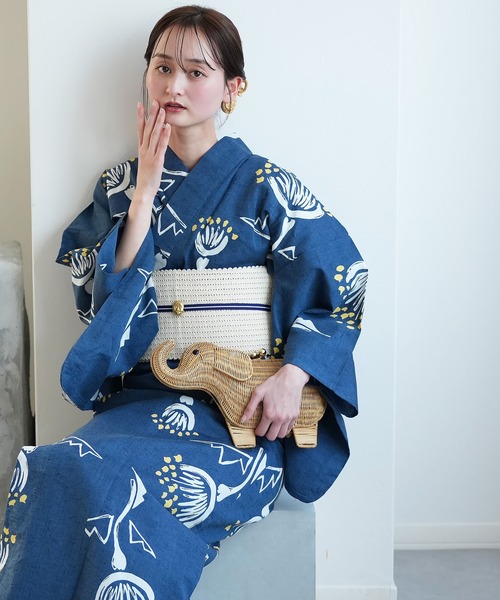 浴衣 手染め注染浴衣3点セット utatane×注染工房 赤坂紬 青藍に黄色の花灯 レディース