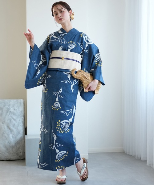 浴衣 手染め注染浴衣3点セット utatane×注染工房 赤坂紬 青藍に黄色の花灯 レディース_2