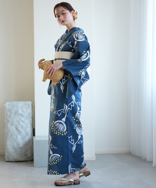 浴衣 手染め注染浴衣3点セット utatane×注染工房 赤坂紬 青藍に黄色の花灯 レディース_3