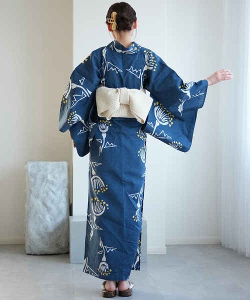 浴衣 手染め注染浴衣3点セット utatane×注染工房 赤坂紬 青藍に黄色の花灯 レディース_4