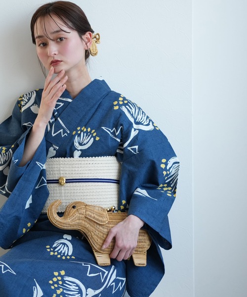 浴衣 手染め注染浴衣3点セット utatane×注染工房 赤坂紬 青藍に黄色の花灯 レディース_5