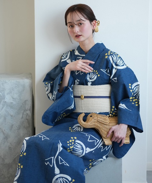 浴衣 手染め注染浴衣3点セット utatane×注染工房 赤坂紬 青藍に黄色の花灯 レディース_6