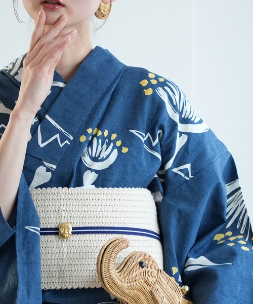 浴衣 手染め注染浴衣3点セット utatane×注染工房 赤坂紬 青藍に黄色の花灯 レディース_8
