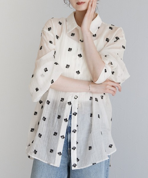 Yeoun ブラウス シャツ 夏 花柄刺繍ビッグシアーシャツ レディース