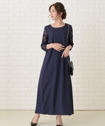 Lace Ladies ワンピース レース七分袖ロング丈バックプリーツ