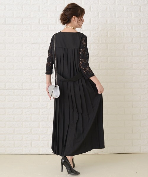 Lace Ladies ワンピース レース七分袖ロング丈バックプリーツ