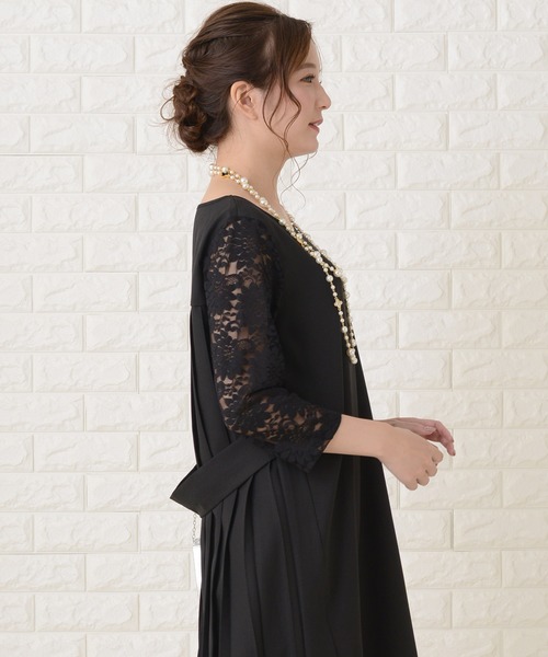 Lace Ladies ワンピース レース七分袖ロング丈バックプリーツ