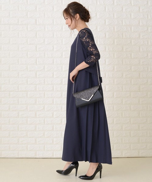 プールヴー　定価18500 バックプリーツ＆レース ロングワンピース Sサイズ バックプリーツ＆レースリボンドレス｜PourVous