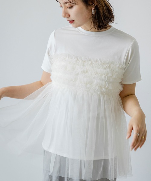 tシャツ チュールフリルドッキングTシャツ レディース