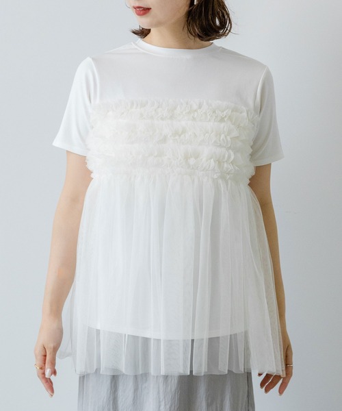 CLANE チュールフリル 半袖Tシャツ ホワイト rectangle（レクタングル） tシャツ 半袖 チュールフリルドッキングT