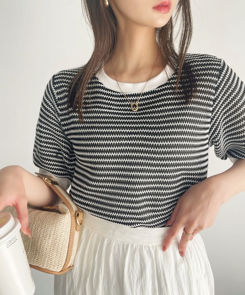 ♥♣新品未使用！Super Beauty ボーダー柄ニット切替チュニック tops1626x2.jpg