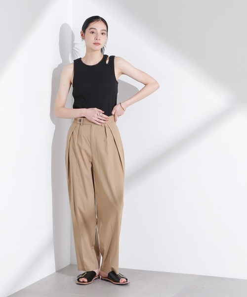 パンツ リネンストレッチタックコクーンパンツ レディースの画像