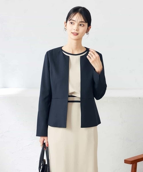 ジャケット ノーカラージャケット 「洗える/ストレッチ/UVカット」麻調ストレッチキーネックジャケット レディースの画像