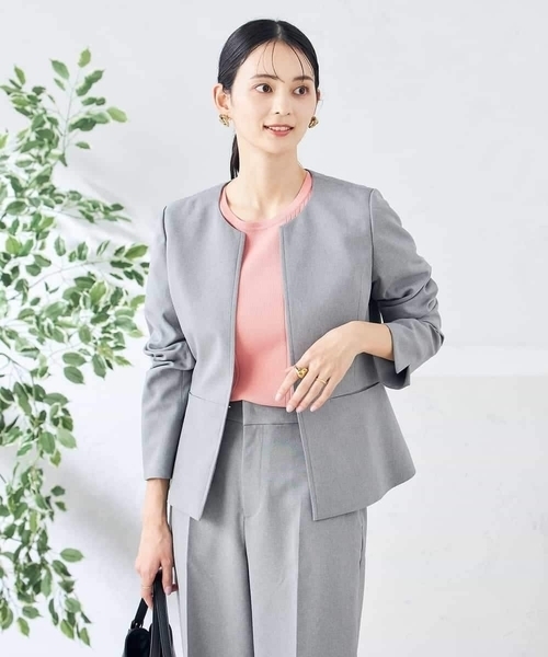 ジャケット ノーカラージャケット 「洗える/ストレッチ/UVカット」麻調ストレッチキーネックジャケット レディースの画像