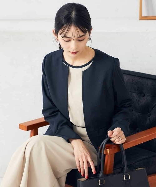 ジャケット ノーカラージャケット 「洗える/ストレッチ/UVカット」麻調ストレッチキーネックジャケット レディースの画像