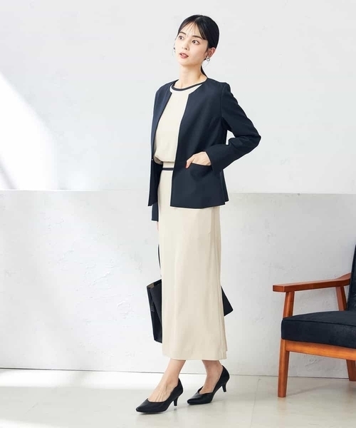 ジャケット ノーカラージャケット 「洗える/ストレッチ/UVカット」麻調ストレッチキーネックジャケット レディースの画像