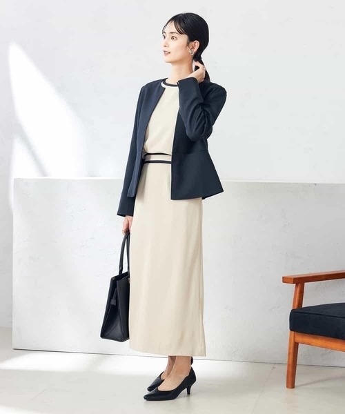 ジャケット ノーカラージャケット 「洗える/ストレッチ/UVカット」麻調ストレッチキーネックジャケット レディースの画像