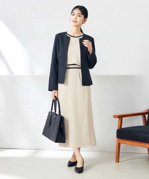 ジャケット ノーカラージャケット 「洗える/ストレッチ/UVカット」麻調ストレッチキーネックジャケット レディースの画像