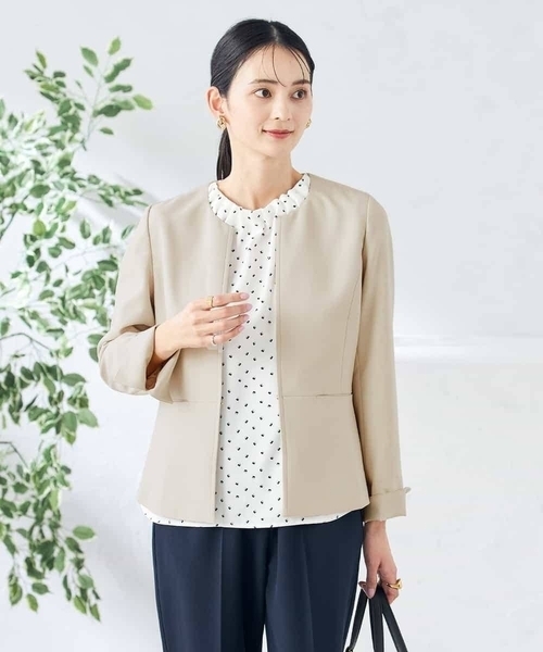 ジャケット ノーカラージャケット 「洗える/ストレッチ/UVカット」麻調ストレッチキーネックジャケット レディースの画像