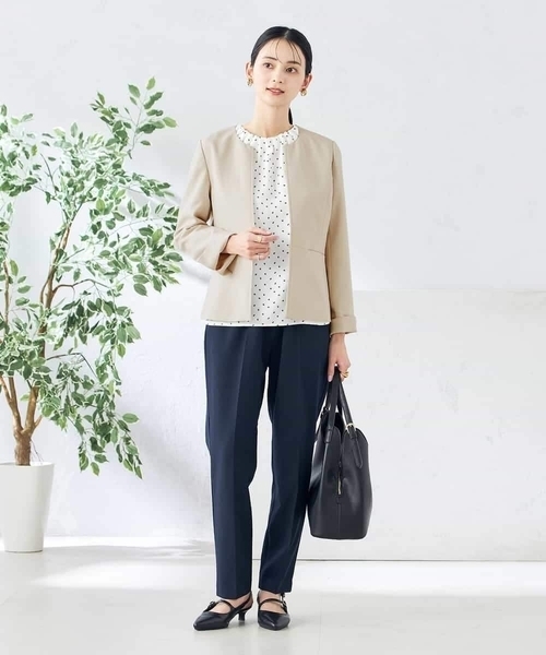 ジャケット ノーカラージャケット 「洗える/ストレッチ/UVカット」麻調ストレッチキーネックジャケット レディースの画像
