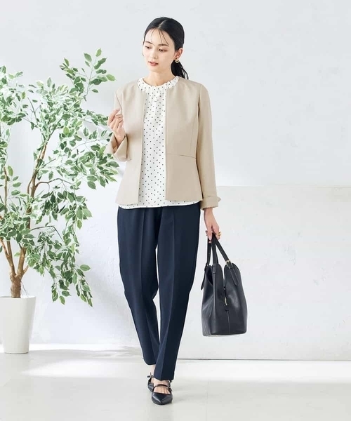 ジャケット ノーカラージャケット 「洗える/ストレッチ/UVカット」麻調ストレッチキーネックジャケット レディースの画像